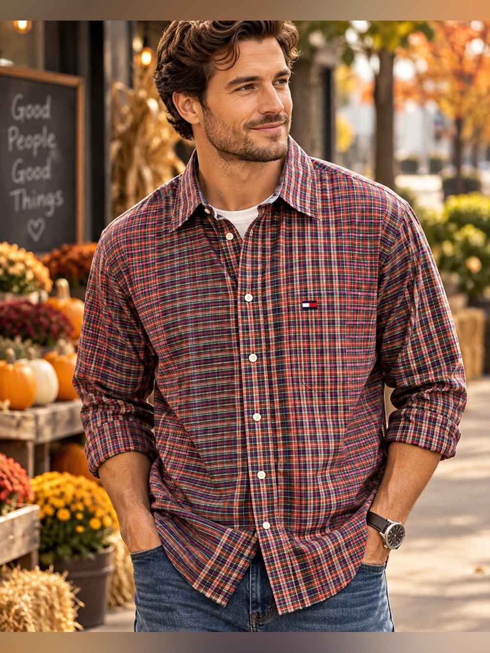 Tommy Hilfiger Men’s Red Green Plaid Long Sleeve Button Down Shirt L